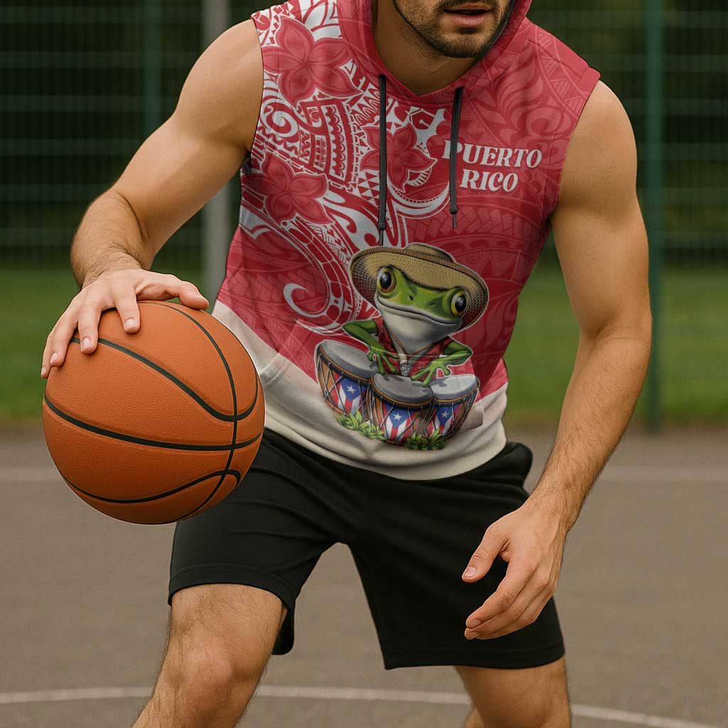 Personalized Puerto Rico Sleeveless Hoodie Coqui Frog With Polynesian Pattern - Wonder Print Shop