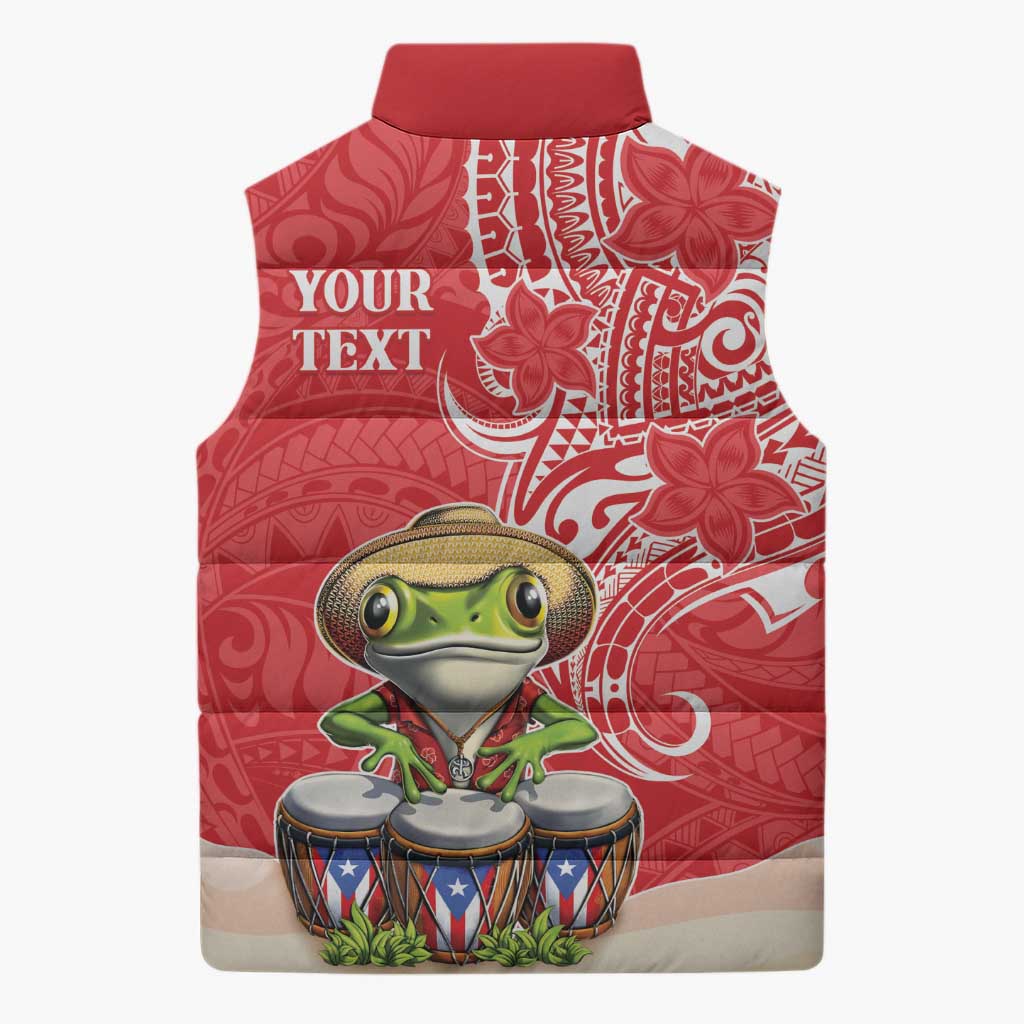 Personalized Puerto Rico Sleeveless Puffer Jacket Coqui Frog With Polynesian Pattern - Wonder Print Shop
