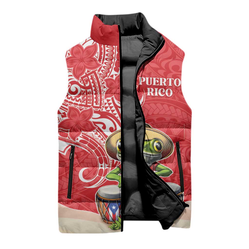 Personalized Puerto Rico Sleeveless Puffer Jacket Coqui Frog With Polynesian Pattern - Wonder Print Shop