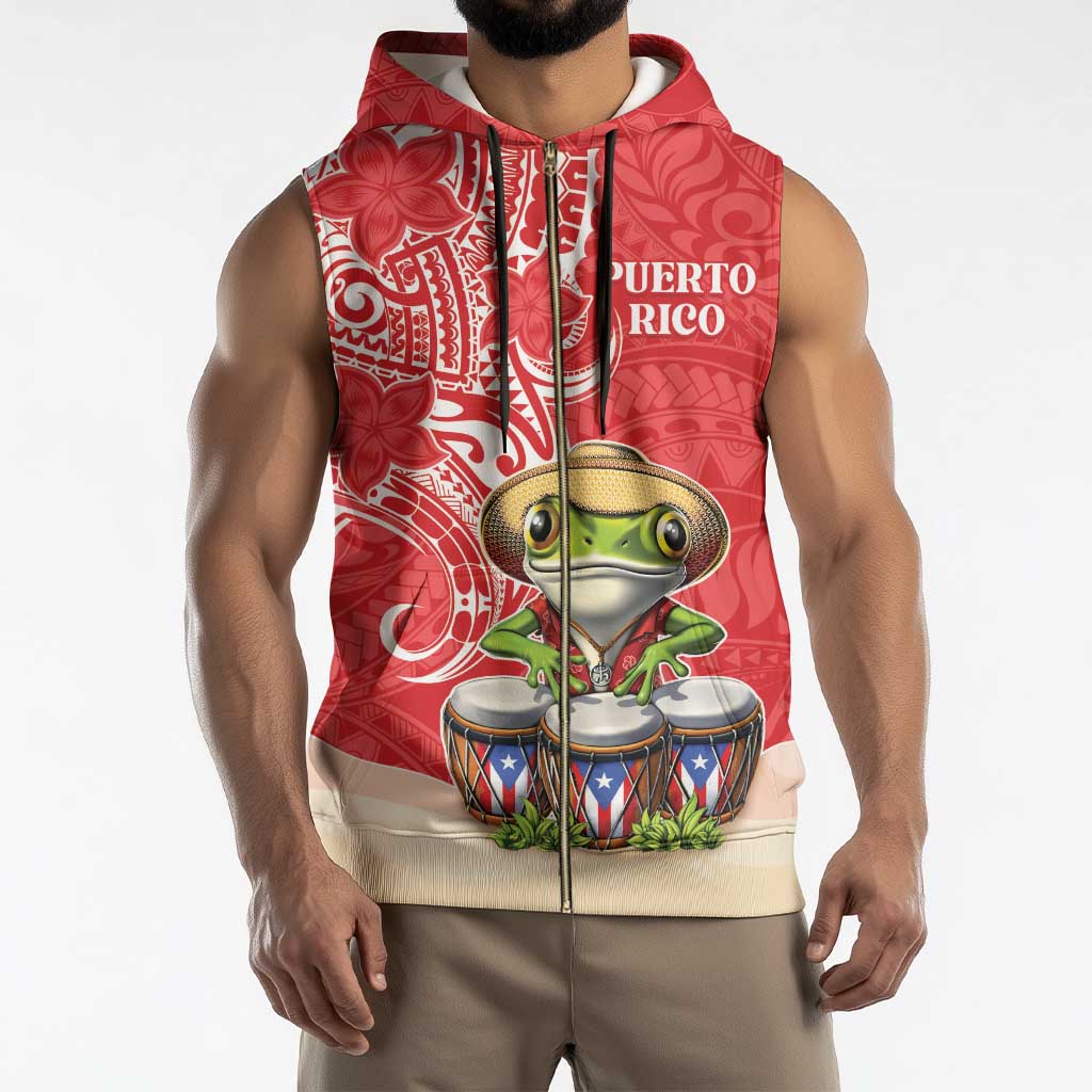 Personalized Puerto Rico Sleeveless Zip Hoodie Coqui Frog With Polynesian Pattern - Wonder Print Shop