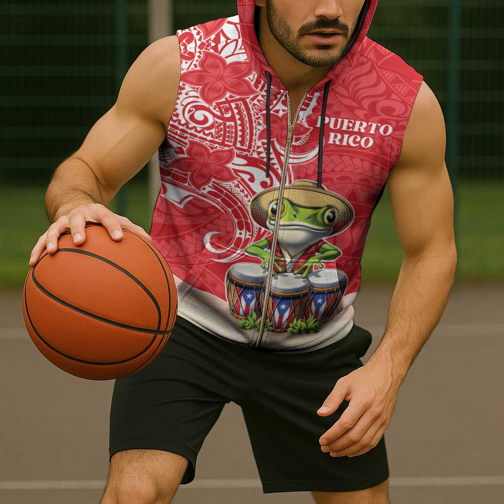Personalized Puerto Rico Sleeveless Zip Hoodie Coqui Frog With Polynesian Pattern - Wonder Print Shop