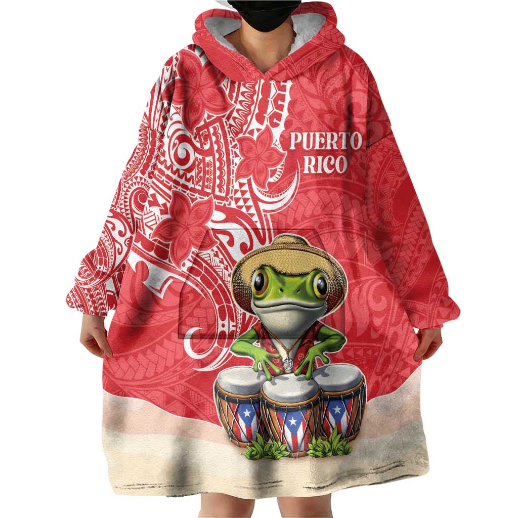 Personalized Puerto Rico Wearable Blanket Hoodie Coqui Frog With Polynesian Pattern - Wonder Print Shop
