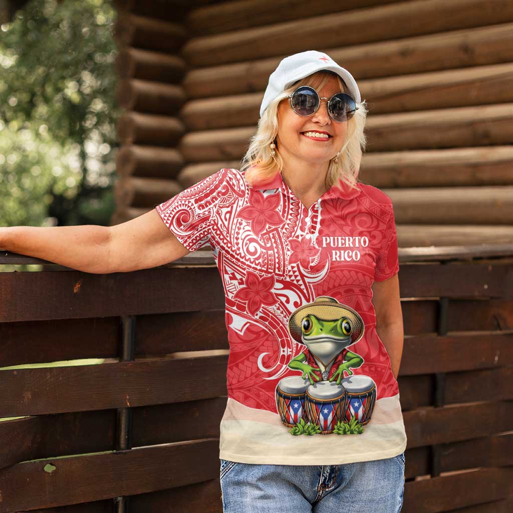 Personalized Puerto Rico Women Polo Shirt Coqui Frog With Polynesian Pattern - Wonder Print Shop