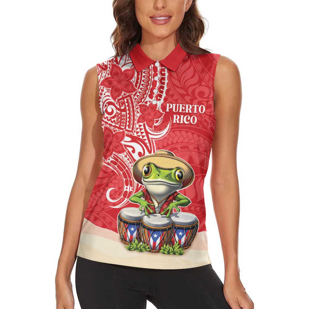 Personalized Puerto Rico Women Sleeveless Polo Shirt Coqui Frog With Polynesian Pattern - Wonder Print Shop