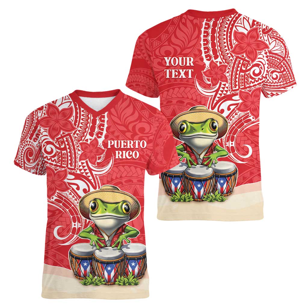 Personalized Puerto Rico Women V-Neck T-Shirt Coqui Frog With Polynesian Pattern - Wonder Print Shop
