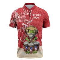 Personalized Puerto Rico Zipper Polo Shirt Coqui Frog With Polynesian Pattern - Wonder Print Shop