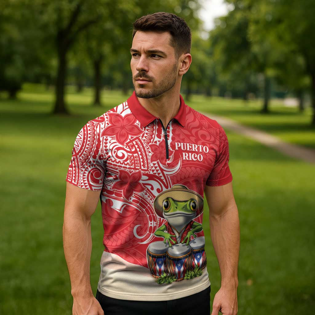 Personalized Puerto Rico Zipper Polo Shirt Coqui Frog With Polynesian Pattern - Wonder Print Shop
