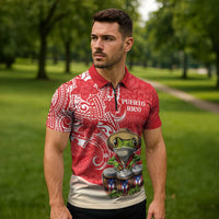 Personalized Puerto Rico Zipper Polo Shirt Coqui Frog With Polynesian Pattern - Wonder Print Shop