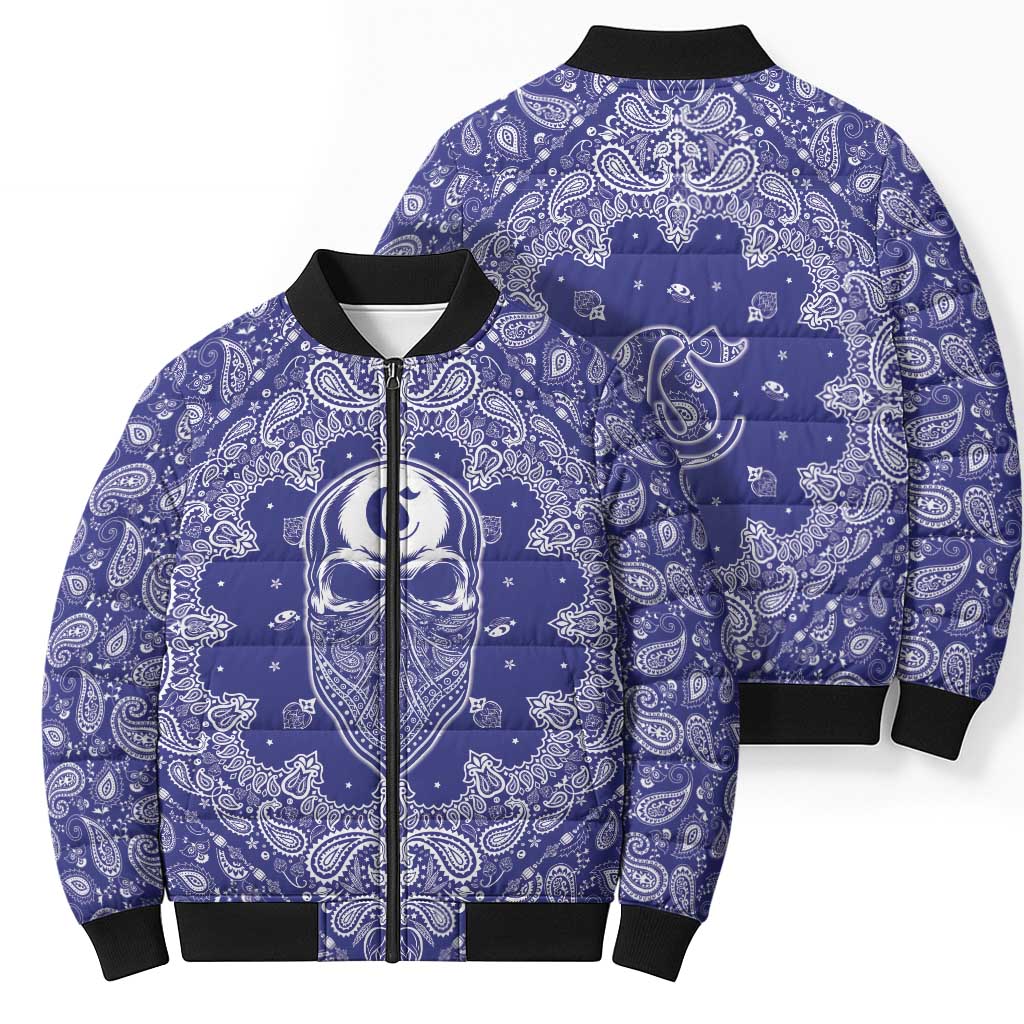 Blue Paisley Bomber Puffer Jacket Skull Gangster - Wonder Print Shop