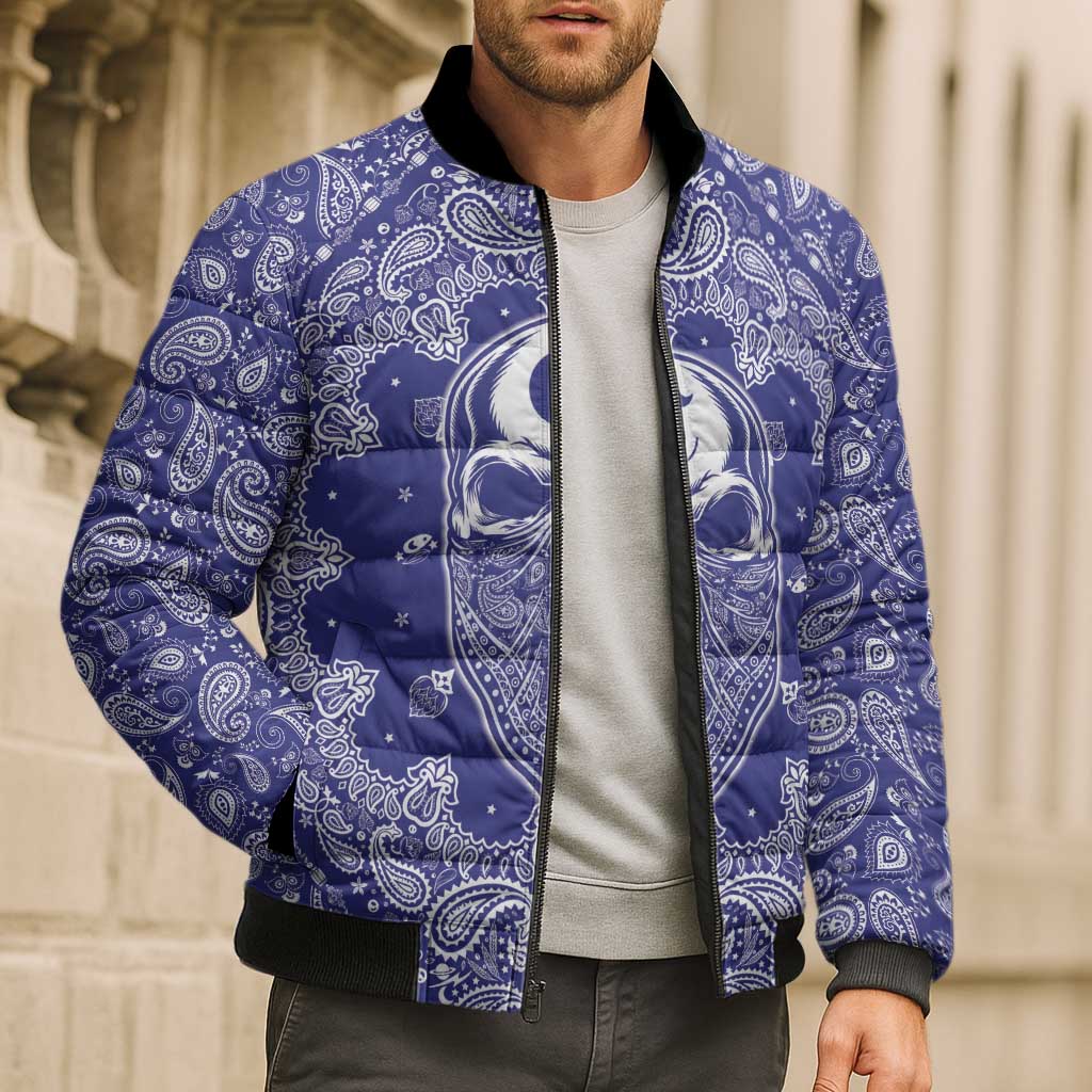Blue Paisley Bomber Puffer Jacket Skull Gangster - Wonder Print Shop