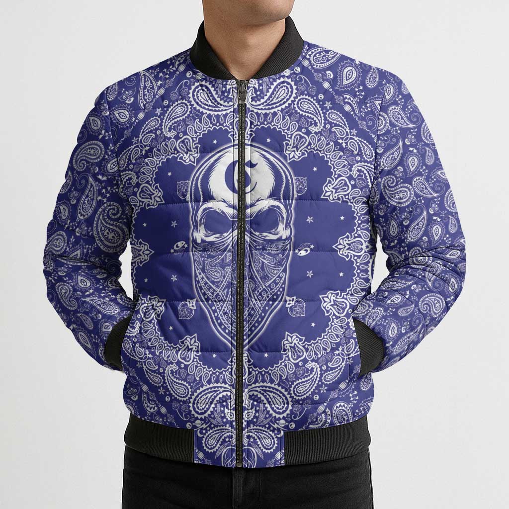 Blue Paisley Bomber Puffer Jacket Skull Gangster - Wonder Print Shop