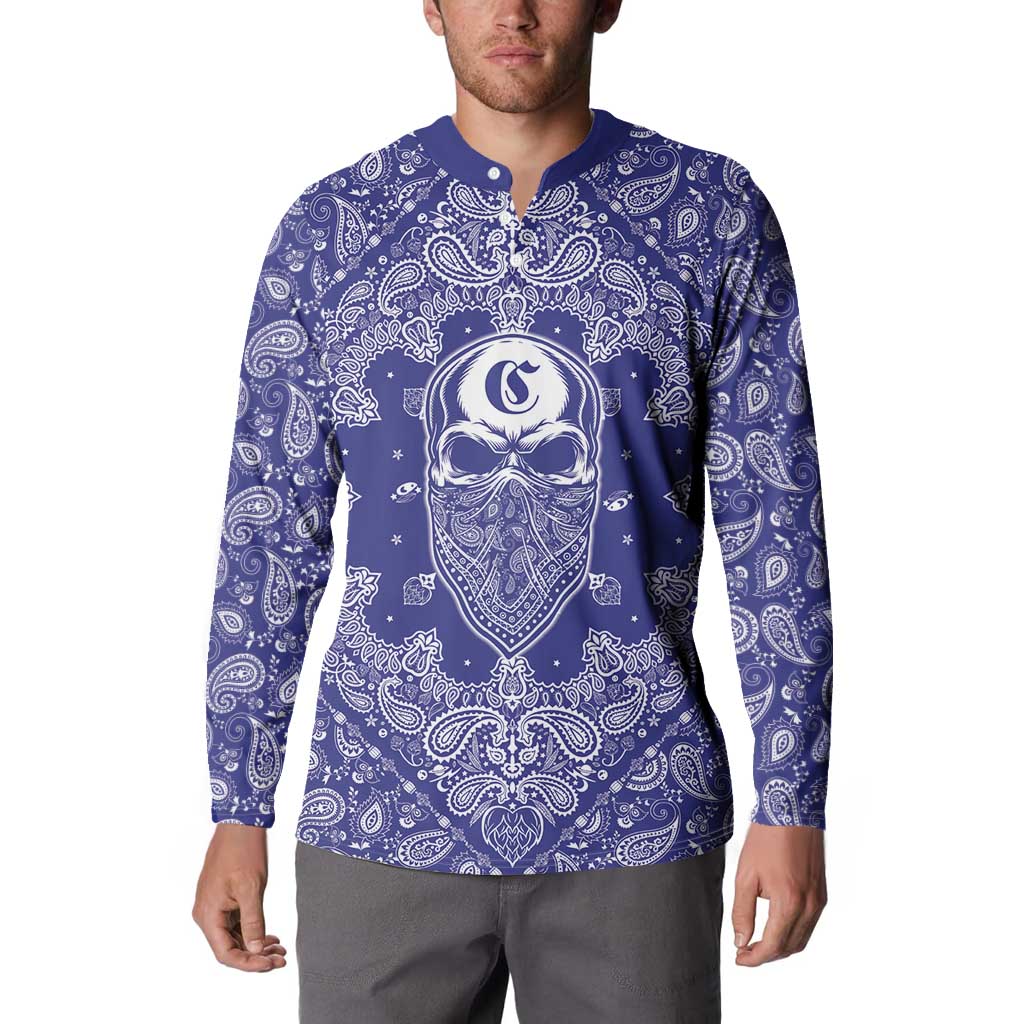 Blue Paisley Button Sweatshirt Skull Gangster - Wonder Print Shop