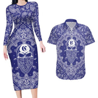 Blue Paisley Couples Matching Long Sleeve Bodycon Dress and Hawaiian Shirt Skull Gangster - Wonder Print Shop