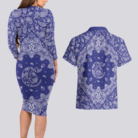 Blue Paisley Couples Matching Long Sleeve Bodycon Dress and Hawaiian Shirt Skull Gangster - Wonder Print Shop