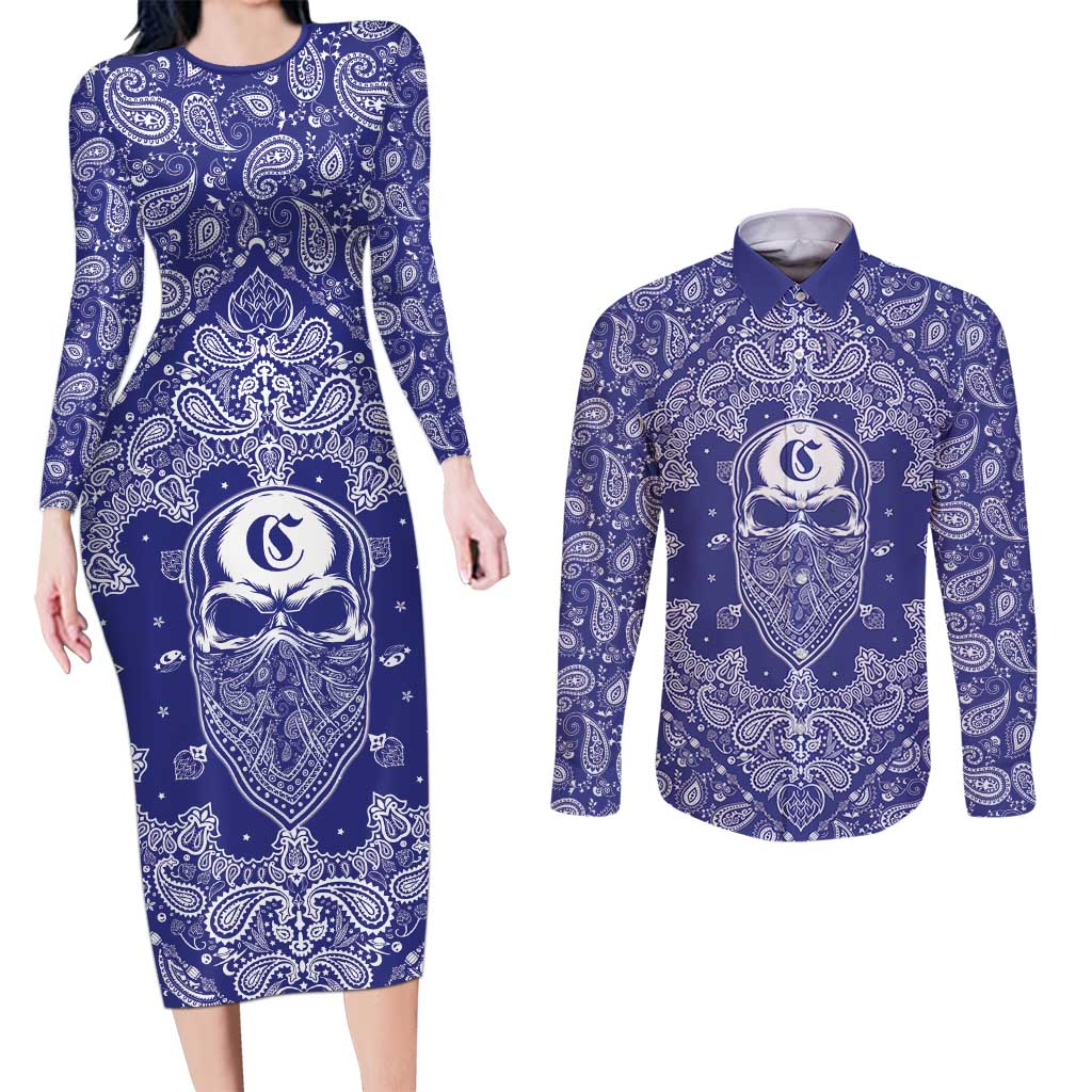 Blue Paisley Couples Matching Long Sleeve Bodycon Dress and Long Sleeve Button Shirt Skull Gangster - Wonder Print Shop