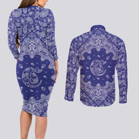 Blue Paisley Couples Matching Long Sleeve Bodycon Dress and Long Sleeve Button Shirt Skull Gangster - Wonder Print Shop