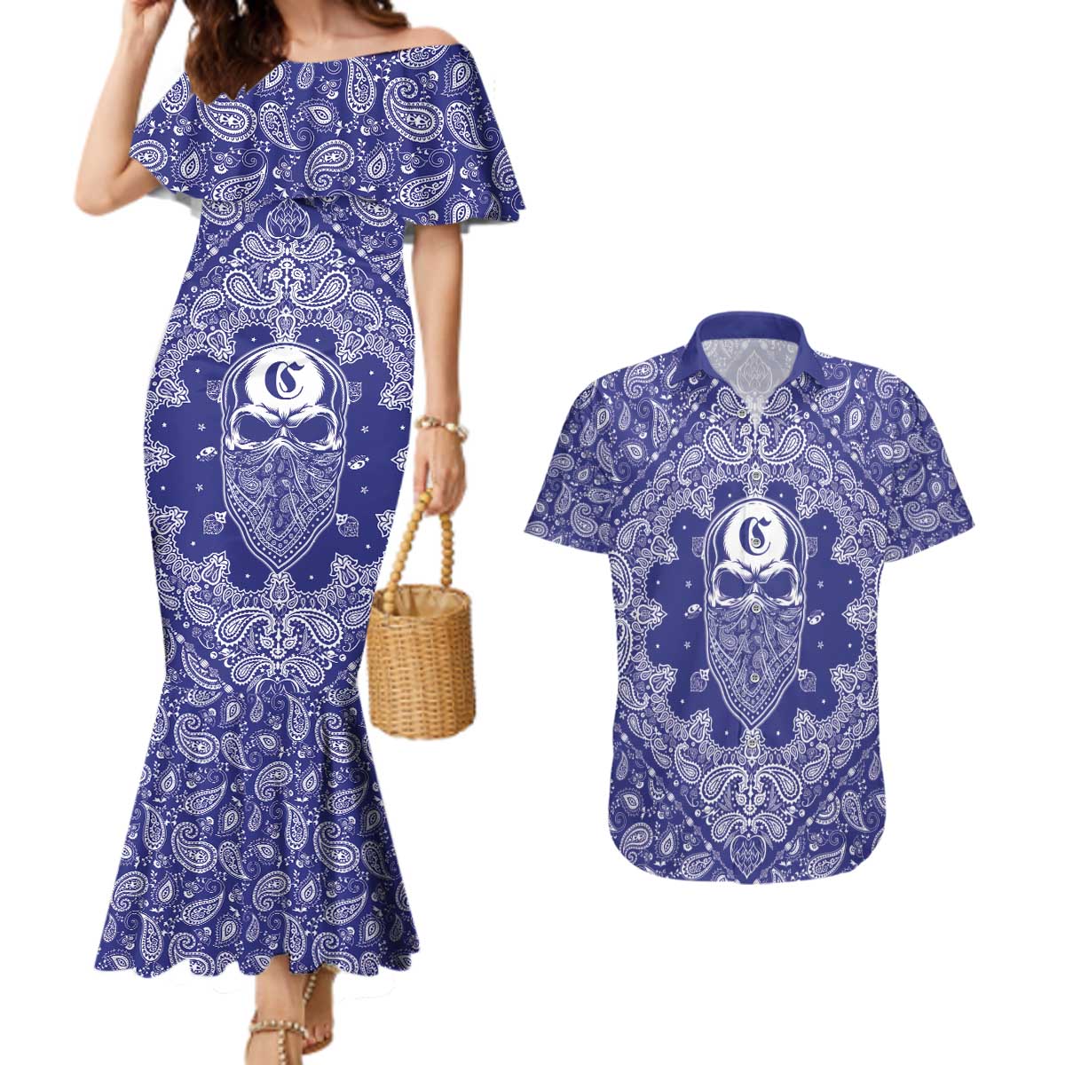 Blue Paisley Couples Matching Mermaid Dress and Hawaiian Shirt Skull Gangster - Wonder Print Shop