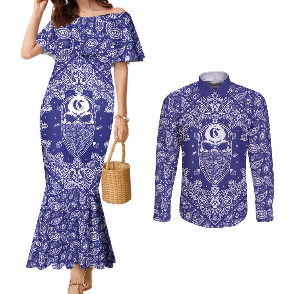 Blue Paisley Couples Matching Mermaid Dress and Long Sleeve Button Shirt Skull Gangster - Wonder Print Shop