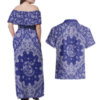 Blue Paisley Couples Matching Off Shoulder Maxi Dress and Hawaiian Shirt Skull Gangster - Wonder Print Shop