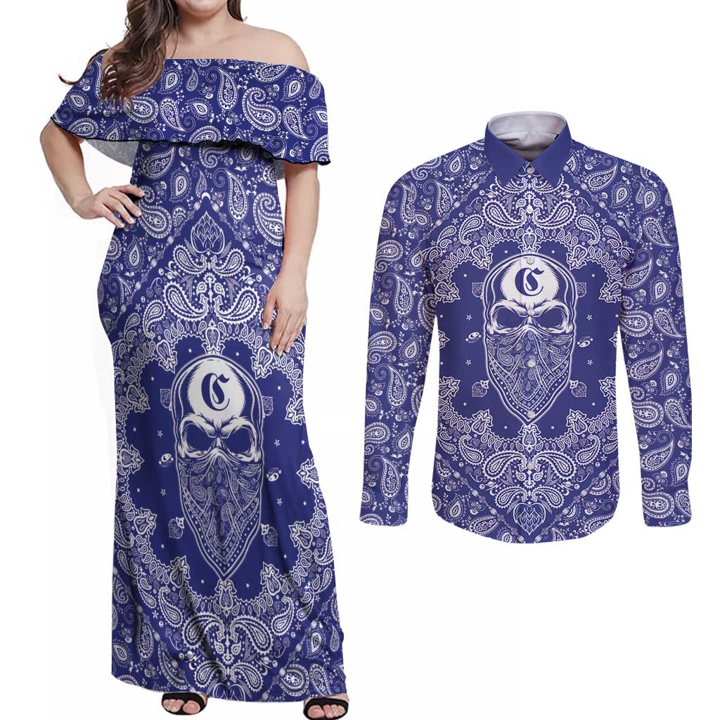 Blue Paisley Couples Matching Off Shoulder Maxi Dress and Long Sleeve Button Shirt Skull Gangster - Wonder Print Shop