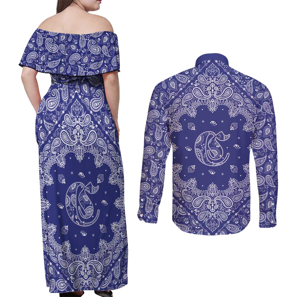 Blue Paisley Couples Matching Off Shoulder Maxi Dress and Long Sleeve Button Shirt Skull Gangster - Wonder Print Shop