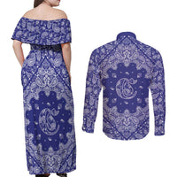 Blue Paisley Couples Matching Off Shoulder Maxi Dress and Long Sleeve Button Shirt Skull Gangster - Wonder Print Shop
