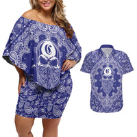 Blue Paisley Couples Matching Off Shoulder Short Dress and Hawaiian Shirt Skull Gangster - Wonder Print Shop