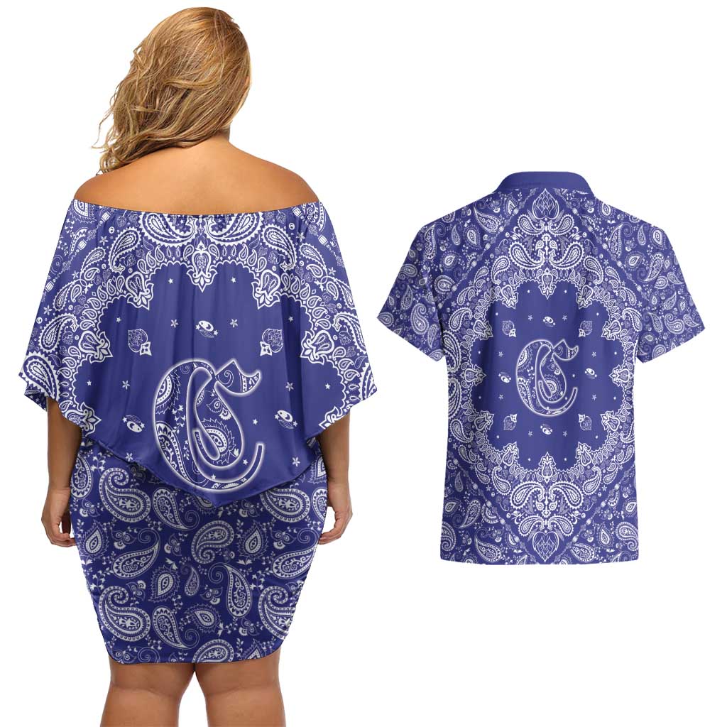 Blue Paisley Couples Matching Off Shoulder Short Dress and Hawaiian Shirt Skull Gangster - Wonder Print Shop