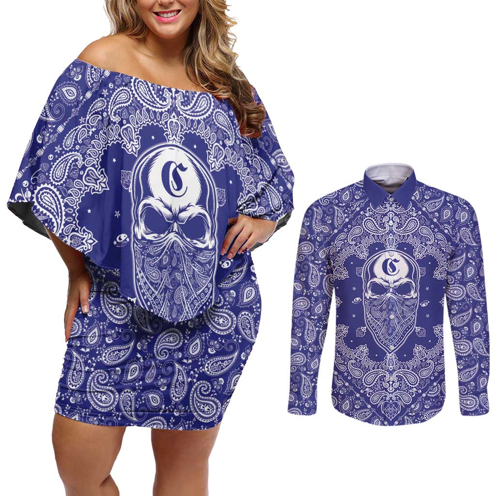 Blue Paisley Couples Matching Off Shoulder Short Dress and Long Sleeve Button Shirt Skull Gangster - Wonder Print Shop
