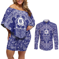 Blue Paisley Couples Matching Off Shoulder Short Dress and Long Sleeve Button Shirt Skull Gangster - Wonder Print Shop