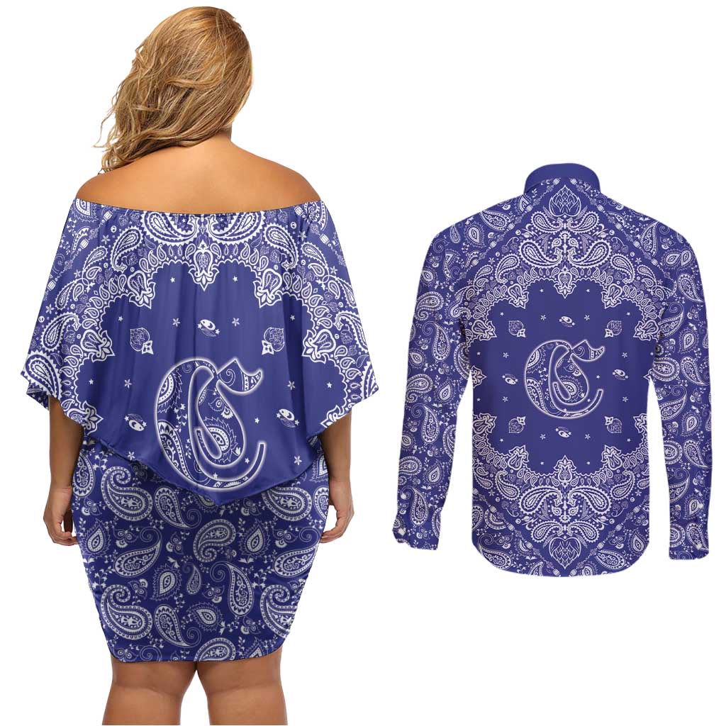 Blue Paisley Couples Matching Off Shoulder Short Dress and Long Sleeve Button Shirt Skull Gangster - Wonder Print Shop