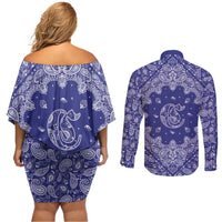 Blue Paisley Couples Matching Off Shoulder Short Dress and Long Sleeve Button Shirt Skull Gangster - Wonder Print Shop