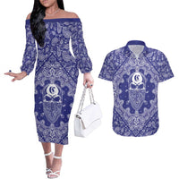 Blue Paisley Couples Matching Off The Shoulder Long Sleeve Dress and Hawaiian Shirt Skull Gangster - Wonder Print Shop