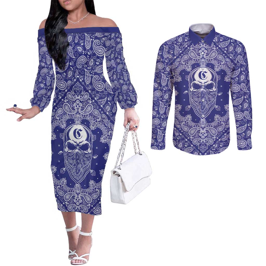 Blue Paisley Couples Matching Off The Shoulder Long Sleeve Dress and Long Sleeve Button Shirt Skull Gangster - Wonder Print Shop