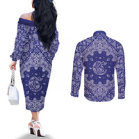 Blue Paisley Couples Matching Off The Shoulder Long Sleeve Dress and Long Sleeve Button Shirt Skull Gangster - Wonder Print Shop