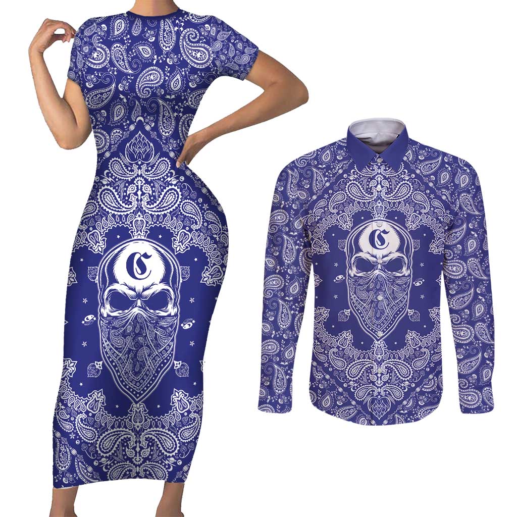 Blue Paisley Couples Matching Short Sleeve Bodycon Dress and Long Sleeve Button Shirt Skull Gangster - Wonder Print Shop
