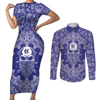 Blue Paisley Couples Matching Short Sleeve Bodycon Dress and Long Sleeve Button Shirt Skull Gangster - Wonder Print Shop