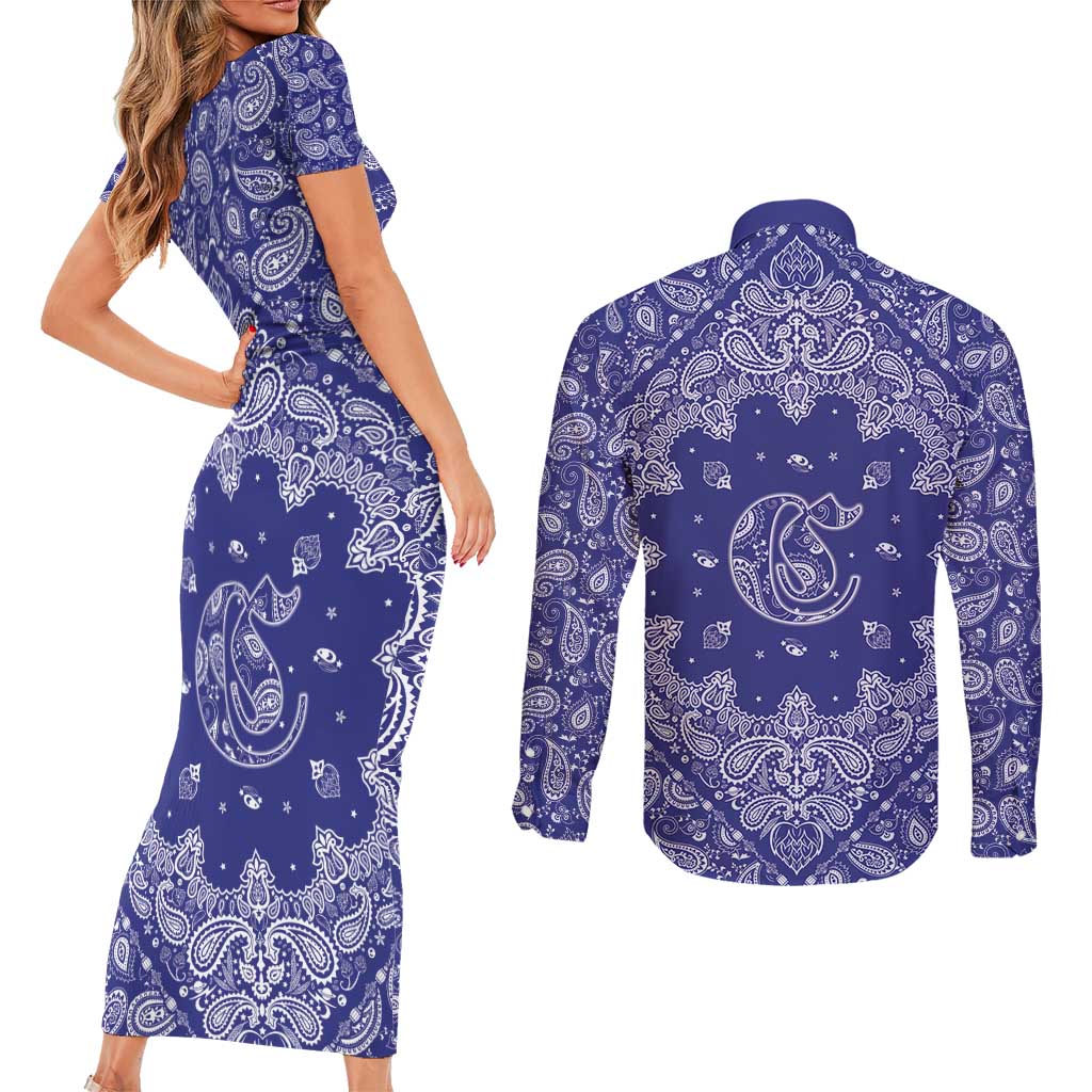 Blue Paisley Couples Matching Short Sleeve Bodycon Dress and Long Sleeve Button Shirt Skull Gangster - Wonder Print Shop