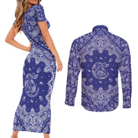 Blue Paisley Couples Matching Short Sleeve Bodycon Dress and Long Sleeve Button Shirt Skull Gangster - Wonder Print Shop