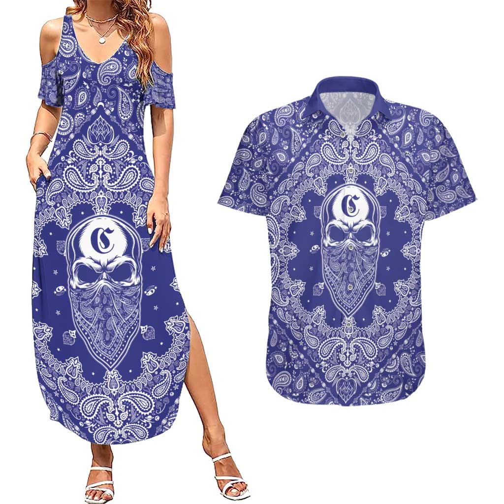 Blue Paisley Couples Matching Summer Maxi Dress and Hawaiian Shirt Skull Gangster - Wonder Print Shop