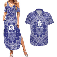 Blue Paisley Couples Matching Summer Maxi Dress and Hawaiian Shirt Skull Gangster - Wonder Print Shop