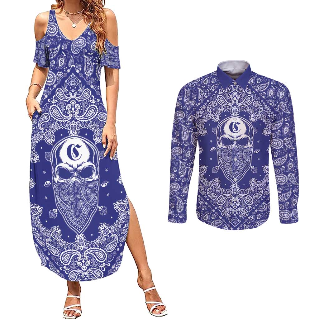 Blue Paisley Couples Matching Summer Maxi Dress and Long Sleeve Button Shirt Skull Gangster - Wonder Print Shop