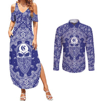 Blue Paisley Couples Matching Summer Maxi Dress and Long Sleeve Button Shirt Skull Gangster - Wonder Print Shop