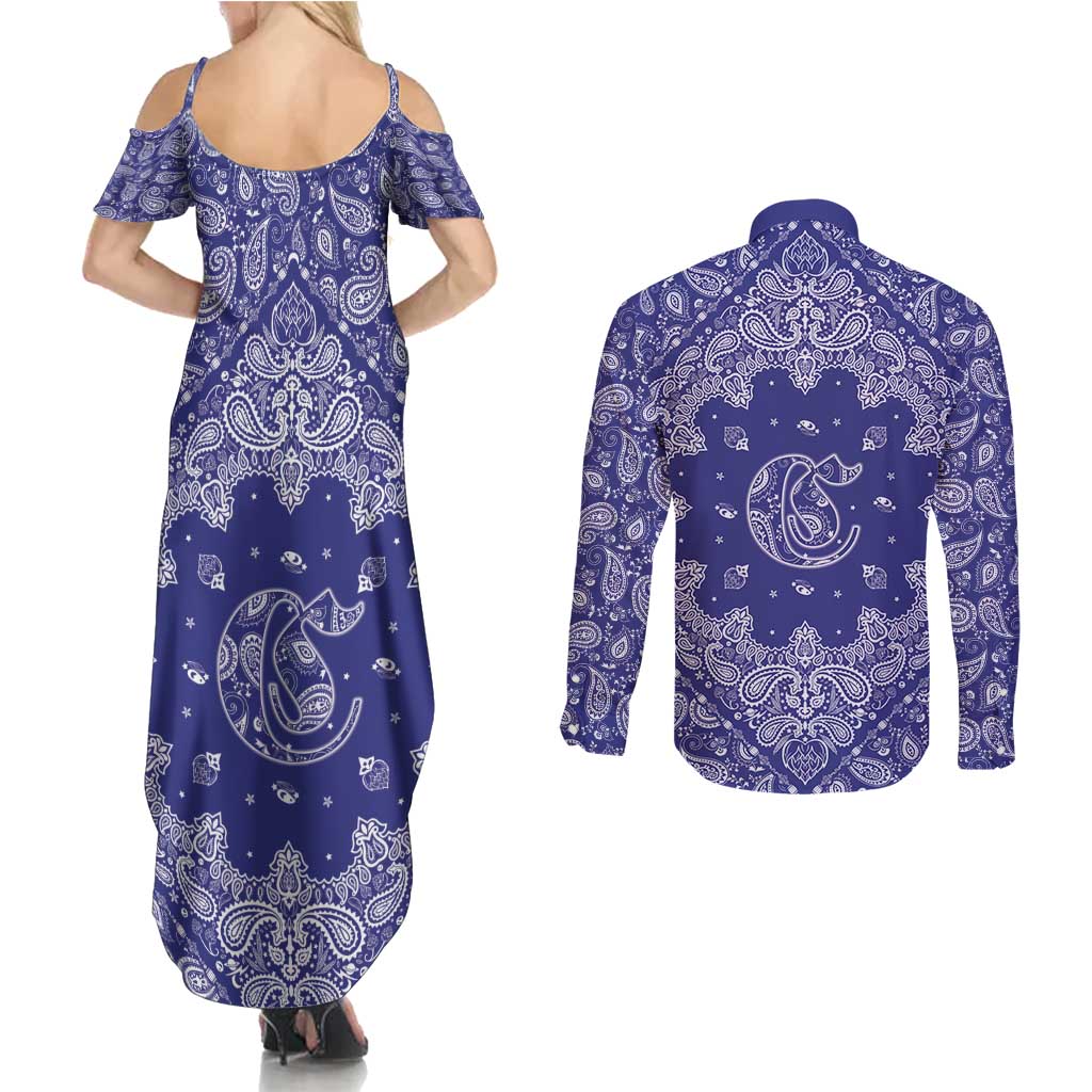 Blue Paisley Couples Matching Summer Maxi Dress and Long Sleeve Button Shirt Skull Gangster - Wonder Print Shop