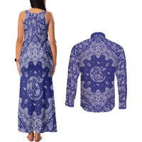 Blue Paisley Couples Matching Tank Maxi Dress and Long Sleeve Button Shirt Skull Gangster - Wonder Print Shop
