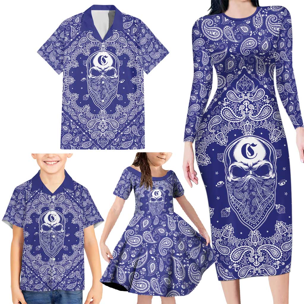 Blue Paisley Family Matching Long Sleeve Bodycon Dress and Hawaiian Shirt Skull Gangster - Wonder Print Shop