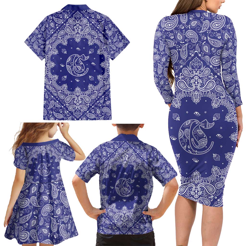 Blue Paisley Family Matching Long Sleeve Bodycon Dress and Hawaiian Shirt Skull Gangster - Wonder Print Shop