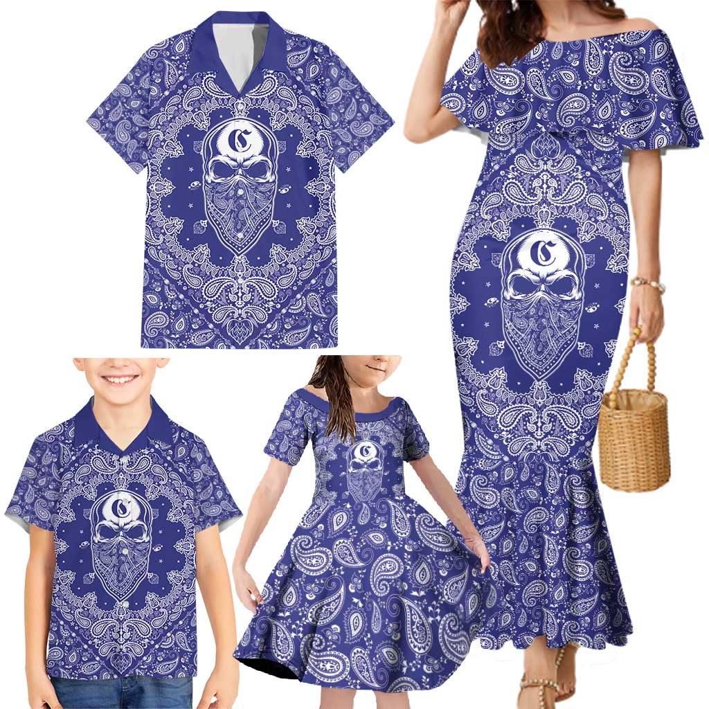 Blue Paisley Family Matching Mermaid Dress and Hawaiian Shirt Skull Gangster - Wonder Print Shop