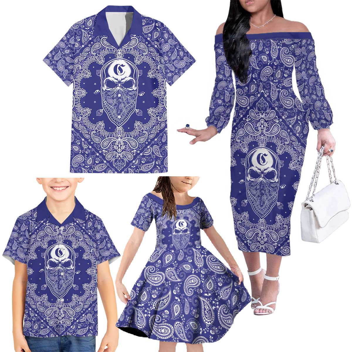 Blue Paisley Family Matching Off The Shoulder Long Sleeve Dress and Hawaiian Shirt Skull Gangster - Wonder Print Shop