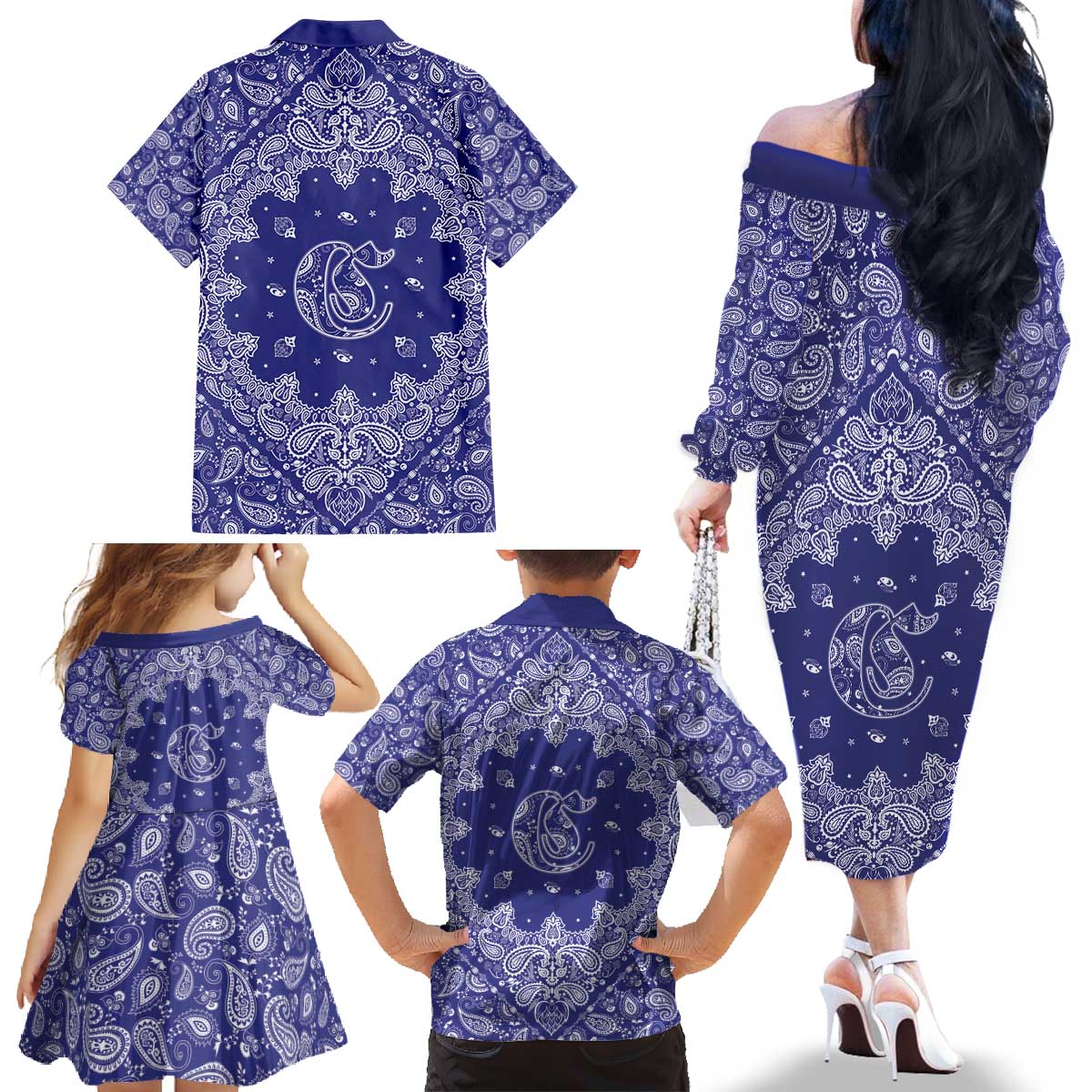 Blue Paisley Family Matching Off The Shoulder Long Sleeve Dress and Hawaiian Shirt Skull Gangster - Wonder Print Shop
